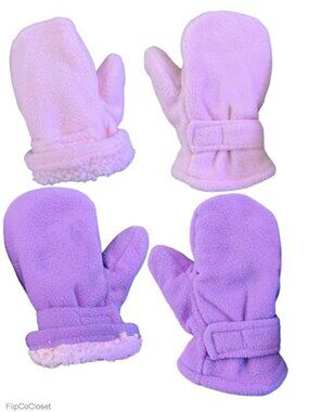 Toddler Kids Fleece Mittens Sherpa Lined 2 Pair Pack Warm Winter Gloves